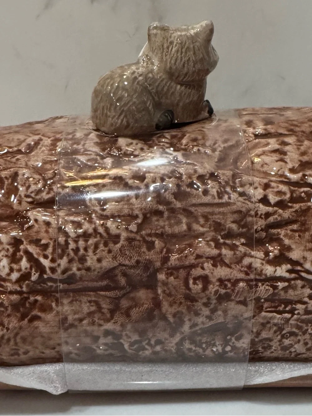 Large Heritage Harvest Fall Butter Dish w/Forest Raccoon on Log New